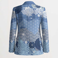 Blue Palaka Japanese Patterns Blazer Asanoha Seigaiha Sakura Motif - Polynesian Pride