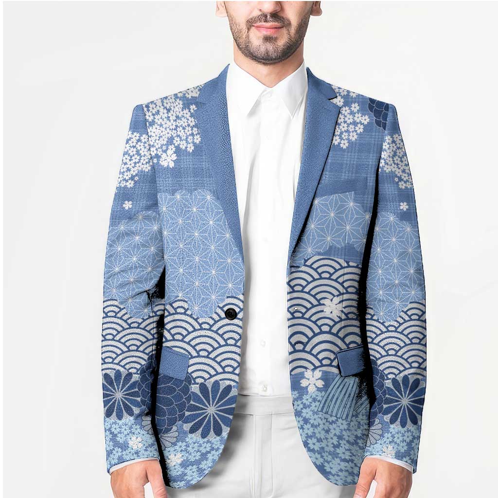 Blue Palaka Japanese Patterns Blazer Asanoha Seigaiha Sakura Motif - Polynesian Pride