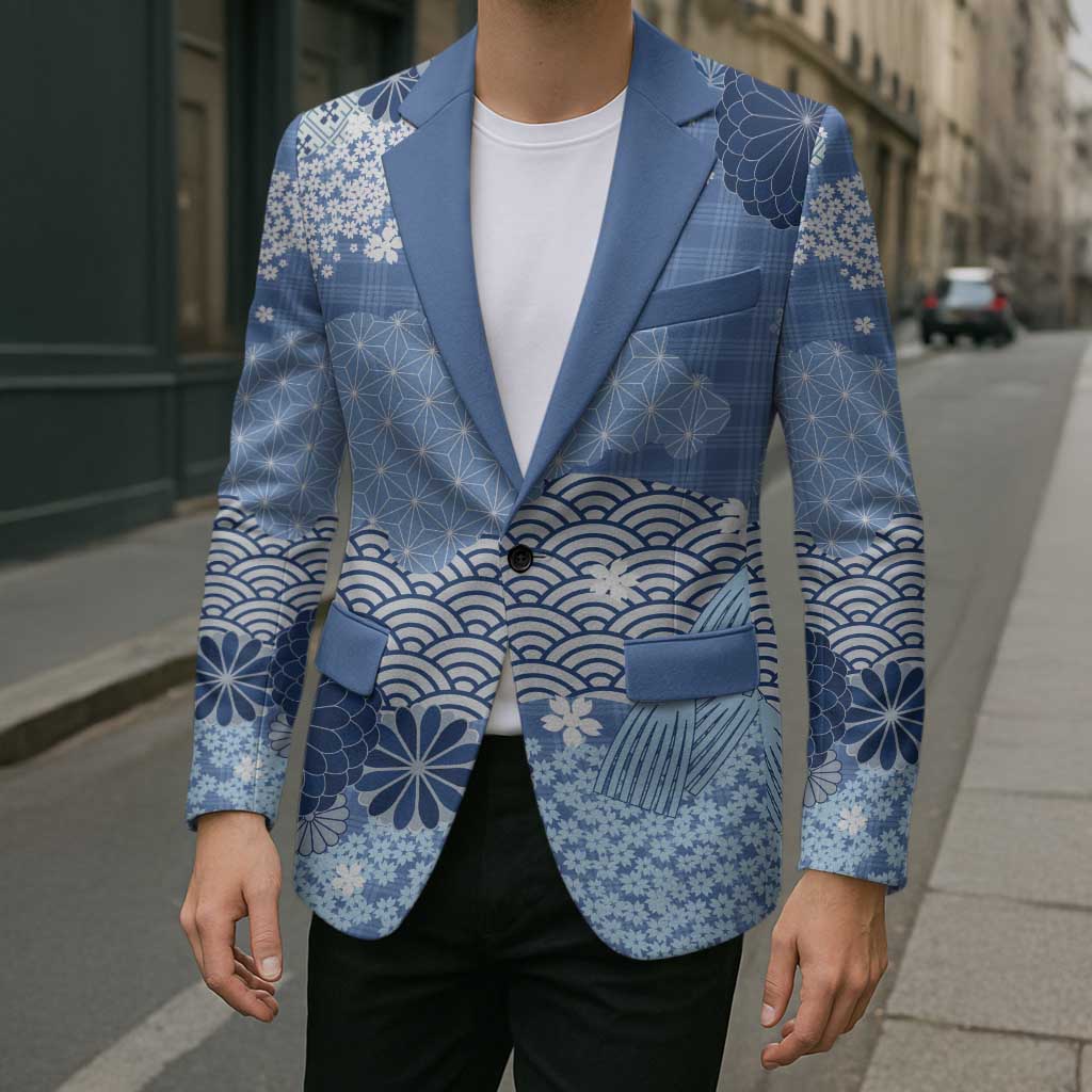 Blue Palaka Japanese Patterns Blazer Asanoha Seigaiha Sakura Motif - Polynesian Pride