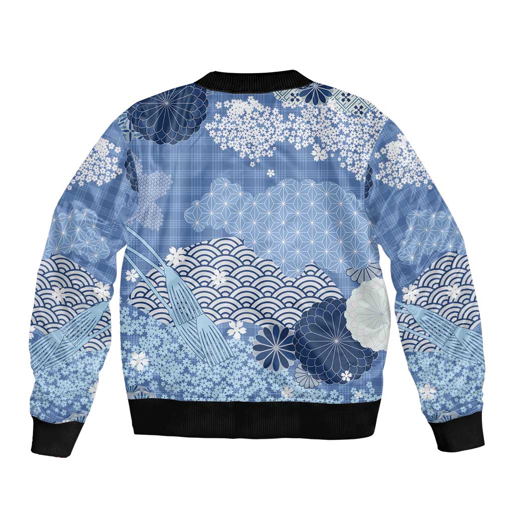 Blue Palaka Japanese Patterns Bomber Jacket Asanoha Seigaiha Sakura Motif - Polynesian Pride