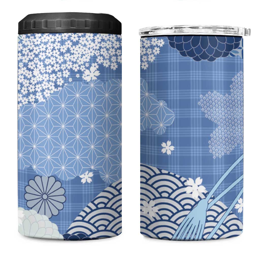 Blue Palaka Japanese Patterns 4 in 1 Can Cooler Tumbler Asanoha Seigaiha Sakura Motif LT14 One Size: 16 oz Blue - Polynesian Pride