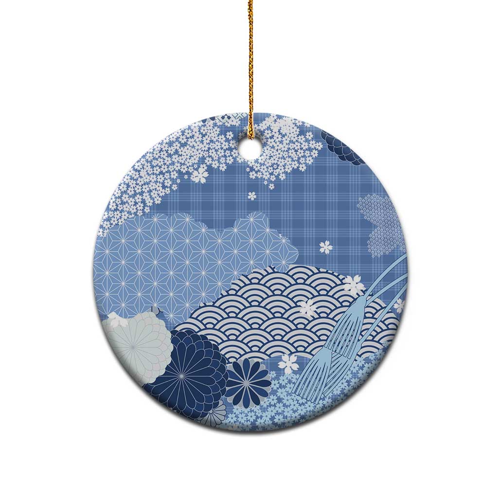 Blue Palaka Japanese Patterns Ceramic Ornament Asanoha Seigaiha Sakura Motif - Polynesian Pride