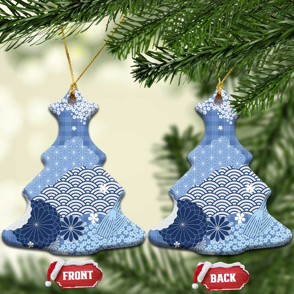 Blue Palaka Japanese Patterns Ceramic Ornament Asanoha Seigaiha Sakura Motif - Polynesian Pride