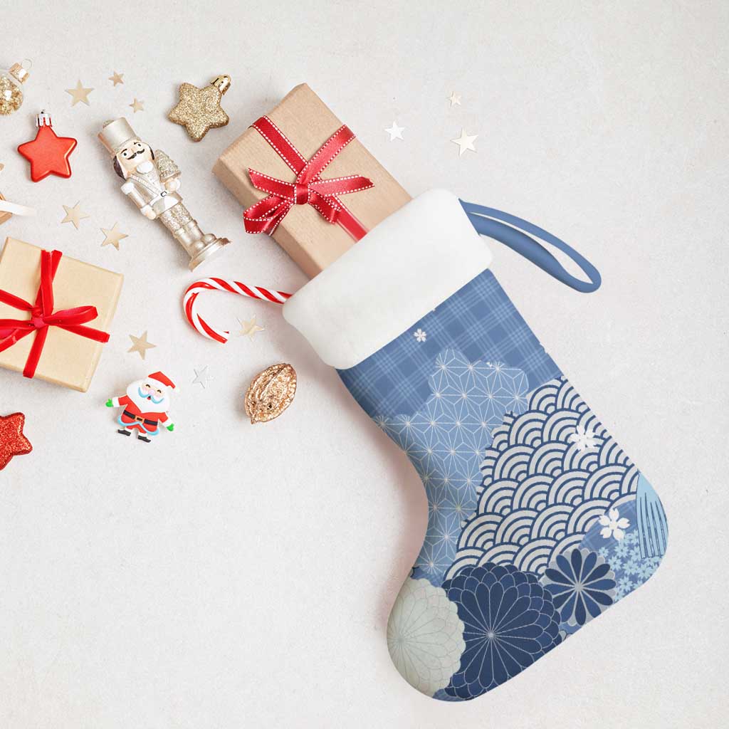 Blue Palaka Japanese Patterns Christmas Stocking Asanoha Seigaiha Sakura Motif - Polynesian Pride