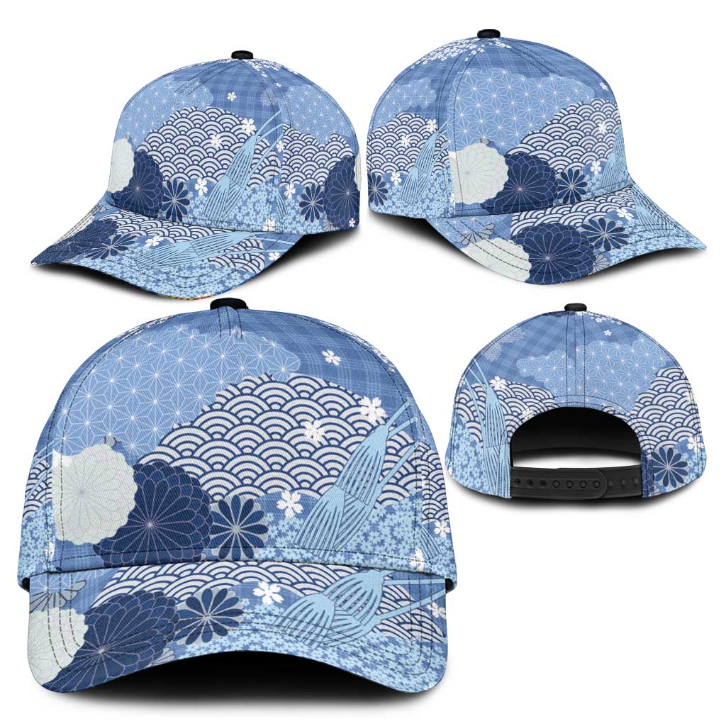 Blue Japanese Traditional Motifs Classic Cap Palaka With Asanoha Seigaiha Sakura - Polynesian Pride