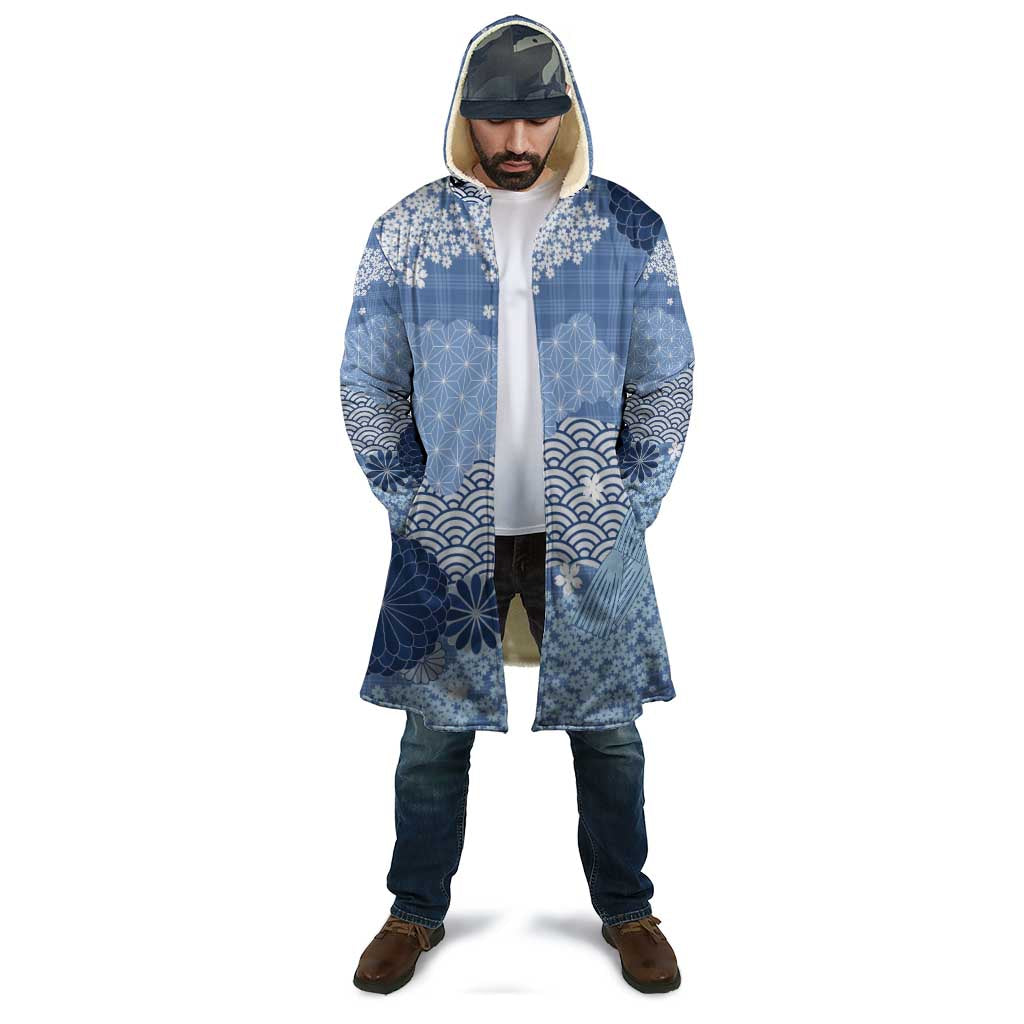Blue Palaka Japanese Patterns Cloak Asanoha Seigaiha Sakura Motif - Polynesian Pride
