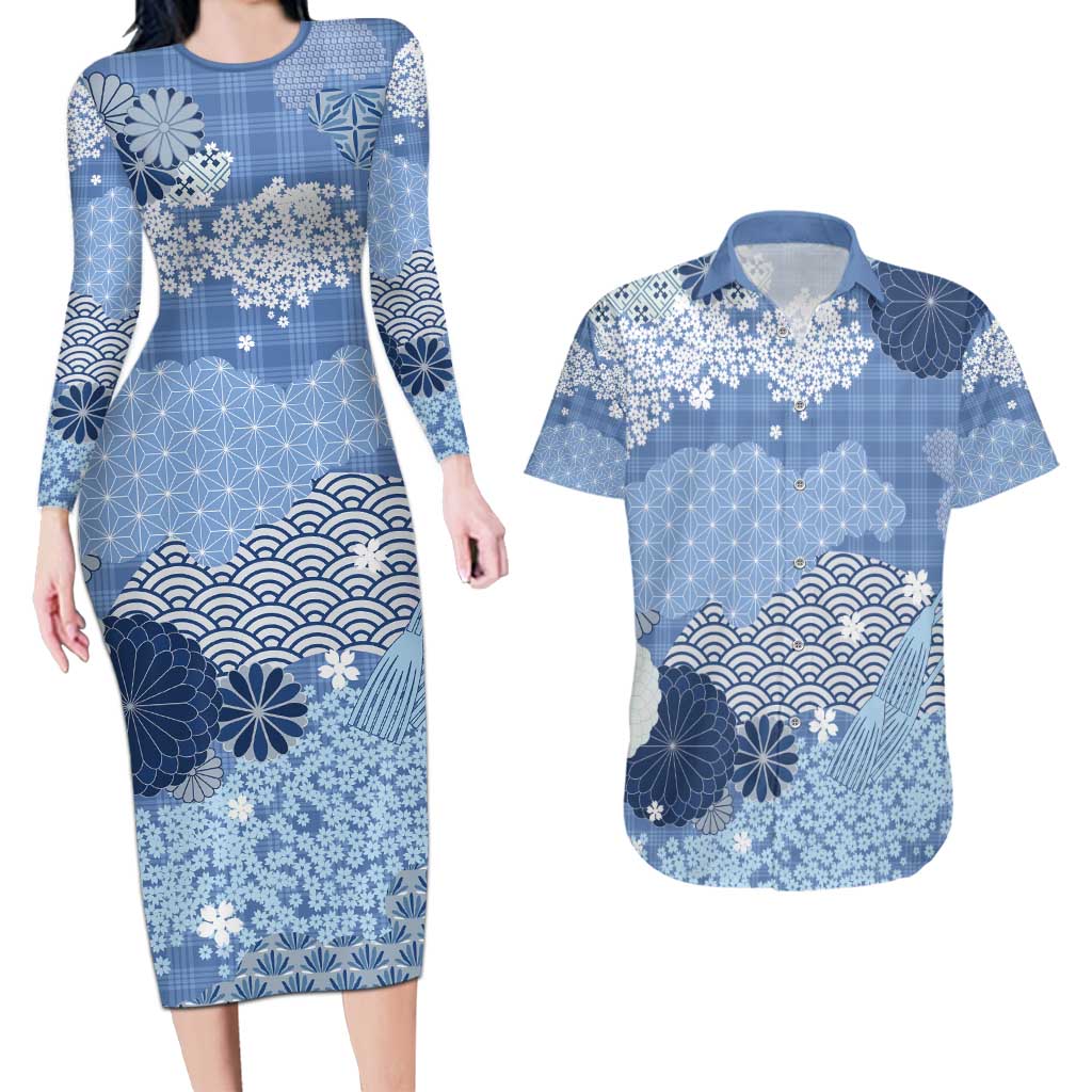 Blue Palaka Japanese Patterns Couples Matching Long Sleeve Bodycon Dress and Hawaiian Shirt Asanoha Seigaiha Sakura Motif - Polynesian Pride