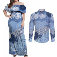 Blue Palaka Japanese Patterns Couples Matching Off Shoulder Maxi Dress and Long Sleeve Button Shirt Asanoha Seigaiha Sakura Motif LT14 Blue - Polynesian Pride