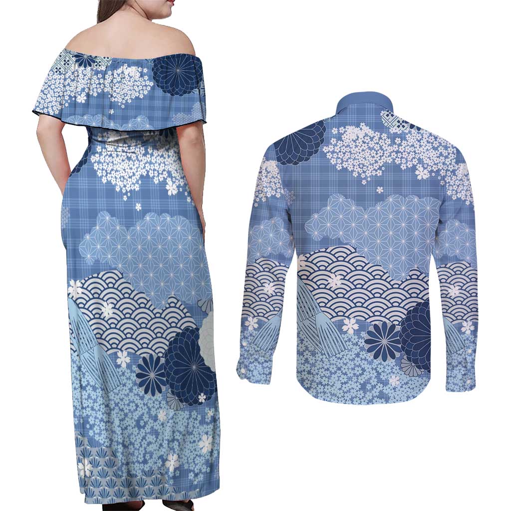 Blue Palaka Japanese Patterns Couples Matching Off Shoulder Maxi Dress and Long Sleeve Button Shirt Asanoha Seigaiha Sakura Motif LT14 - Polynesian Pride