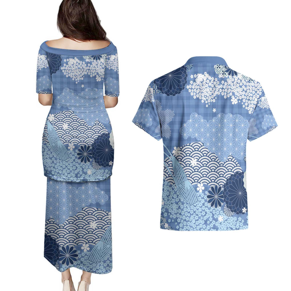 Blue Palaka Japanese Patterns Couples Matching Puletasi and Hawaiian Shirt Asanoha Seigaiha Sakura Motif LT14 - Polynesian Pride