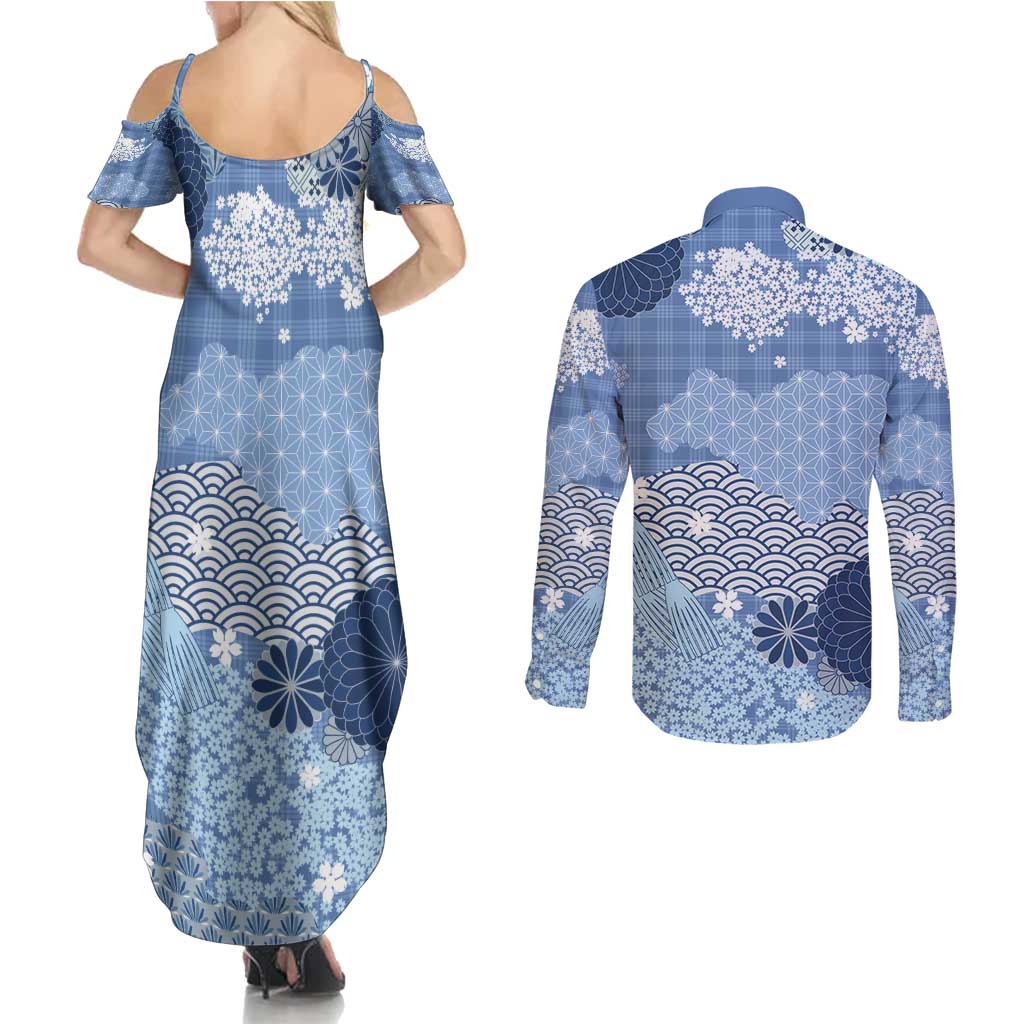 Blue Palaka Japanese Patterns Couples Matching Summer Maxi Dress and Long Sleeve Button Shirt Asanoha Seigaiha Sakura Motif LT14 - Polynesian Pride