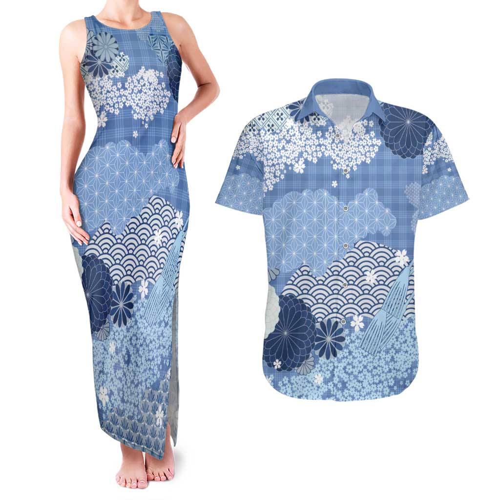 Blue Palaka Japanese Patterns Couples Matching Tank Maxi Dress and Hawaiian Shirt Asanoha Seigaiha Sakura Motif - Polynesian Pride
