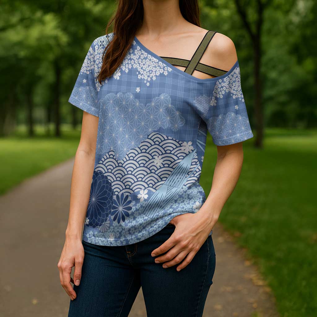 Blue Palaka Japanese Patterns Cross Shoulder Shirt Asanoha Seigaiha Sakura Motif LT14 - Polynesian Pride
