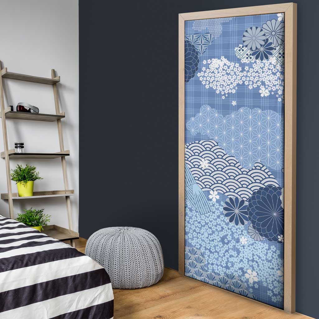 Blue Palaka Japanese Patterns Door Cover Asanoha Seigaiha Sakura Motif - Polynesian Pride