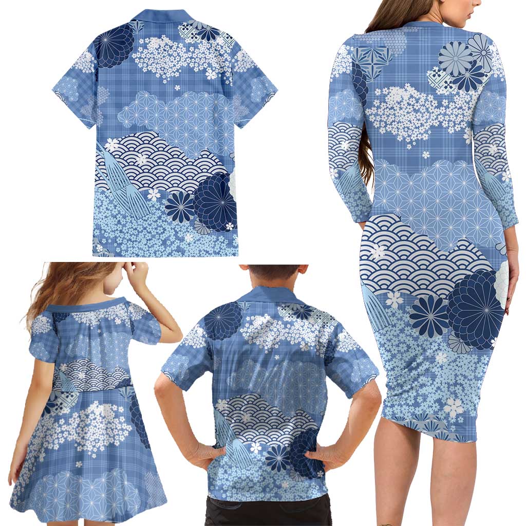 Blue Palaka Japanese Patterns Family Matching Long Sleeve Bodycon Dress and Hawaiian Shirt Asanoha Seigaiha Sakura Motif - Polynesian Pride
