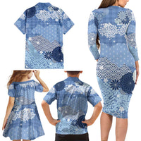 Blue Palaka Japanese Patterns Family Matching Long Sleeve Bodycon Dress and Hawaiian Shirt Asanoha Seigaiha Sakura Motif - Polynesian Pride