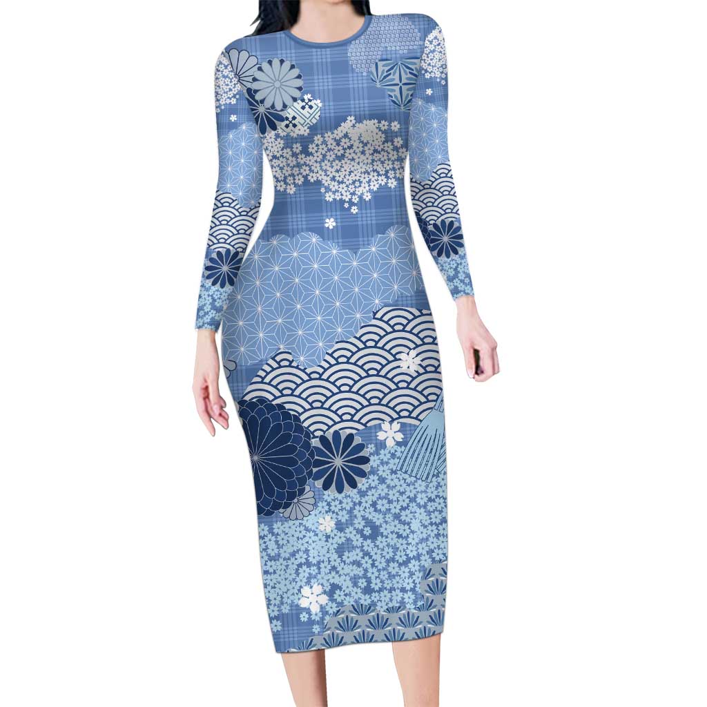 Blue Palaka Japanese Patterns Family Matching Long Sleeve Bodycon Dress and Hawaiian Shirt Asanoha Seigaiha Sakura Motif - Polynesian Pride