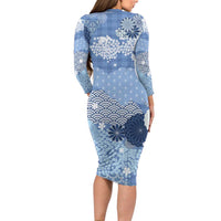 Blue Palaka Japanese Patterns Family Matching Long Sleeve Bodycon Dress and Hawaiian Shirt Asanoha Seigaiha Sakura Motif - Polynesian Pride
