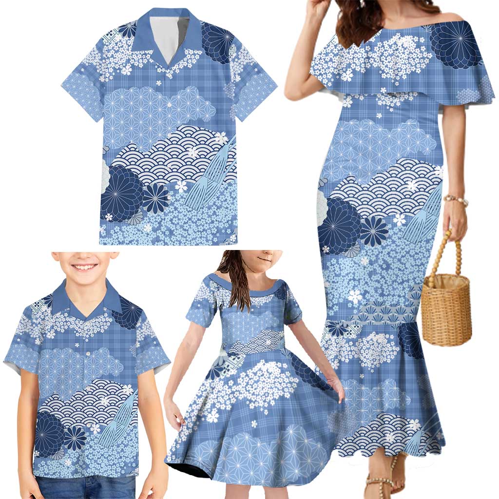 Blue Palaka Japanese Patterns Family Matching Mermaid Dress and Hawaiian Shirt Asanoha Seigaiha Sakura Motif - Polynesian Pride