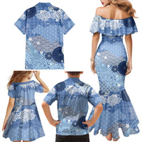 Blue Palaka Japanese Patterns Family Matching Mermaid Dress and Hawaiian Shirt Asanoha Seigaiha Sakura Motif - Polynesian Pride