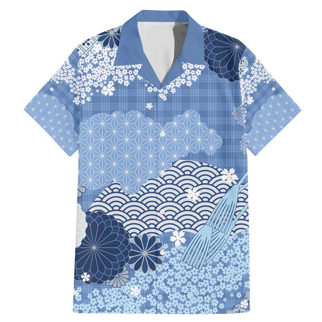 Blue Palaka Japanese Patterns Family Matching Mermaid Dress and Hawaiian Shirt Asanoha Seigaiha Sakura Motif - Polynesian Pride
