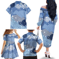 Blue Palaka Japanese Patterns Family Matching Off The Shoulder Long Sleeve Dress and Hawaiian Shirt Asanoha Seigaiha Sakura Motif - Polynesian Pride