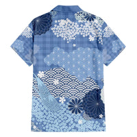 Blue Palaka Japanese Patterns Family Matching Off The Shoulder Long Sleeve Dress and Hawaiian Shirt Asanoha Seigaiha Sakura Motif - Polynesian Pride