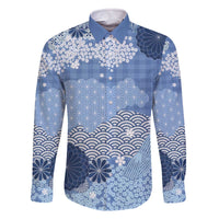 Blue Palaka Japanese Patterns Family Matching Off The Shoulder Long Sleeve Dress and Hawaiian Shirt Asanoha Seigaiha Sakura Motif - Polynesian Pride