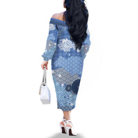 Blue Palaka Japanese Patterns Family Matching Off The Shoulder Long Sleeve Dress and Hawaiian Shirt Asanoha Seigaiha Sakura Motif - Polynesian Pride