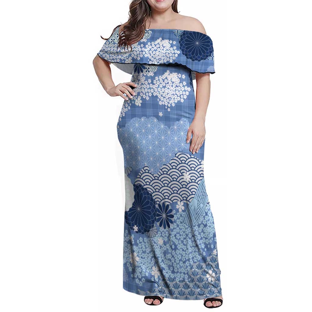 Blue Palaka Japanese Patterns Family Matching Off Shoulder Maxi Dress and Hawaiian Shirt Asanoha Seigaiha Sakura Motif - Polynesian Pride
