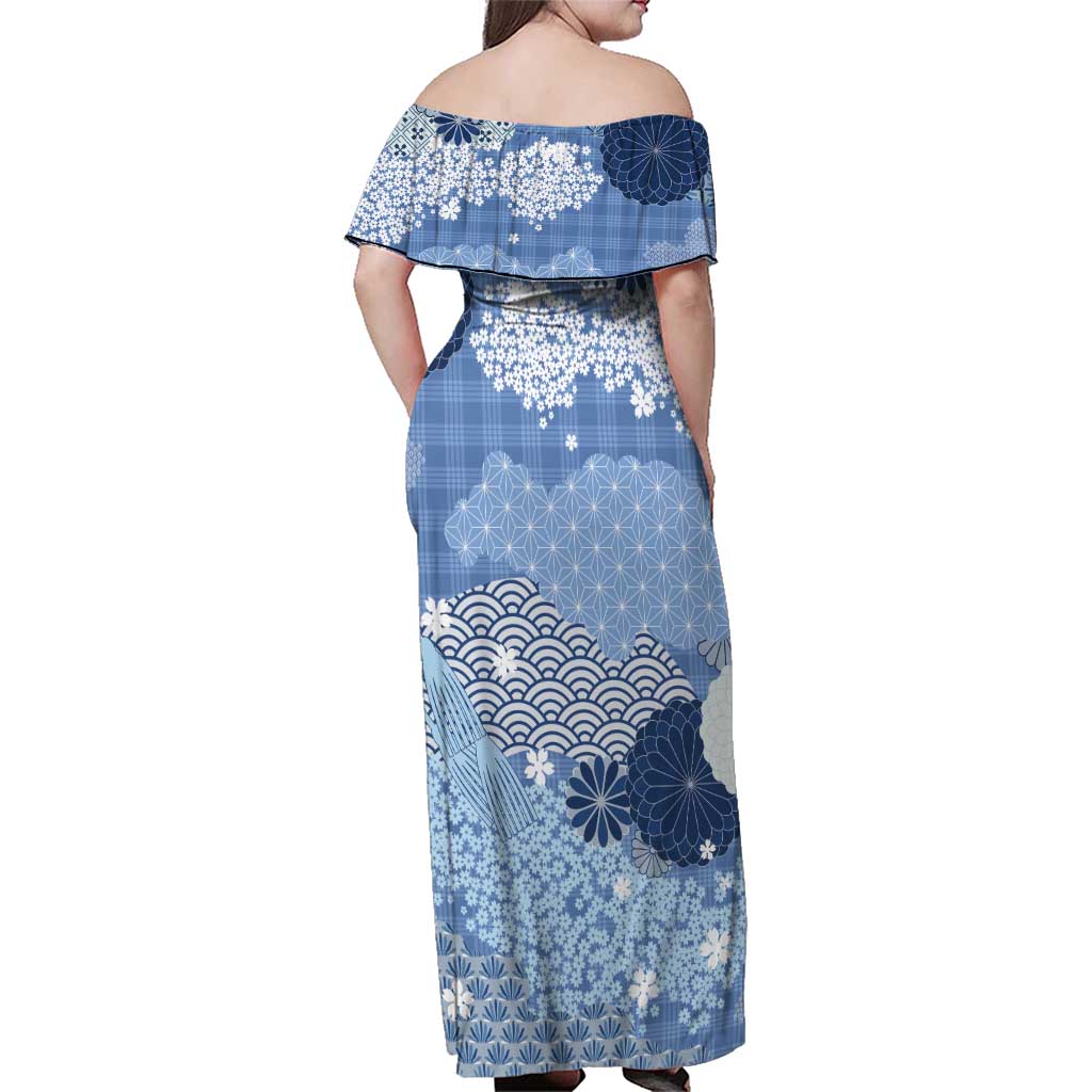 Blue Palaka Japanese Patterns Family Matching Off Shoulder Maxi Dress and Hawaiian Shirt Asanoha Seigaiha Sakura Motif - Polynesian Pride