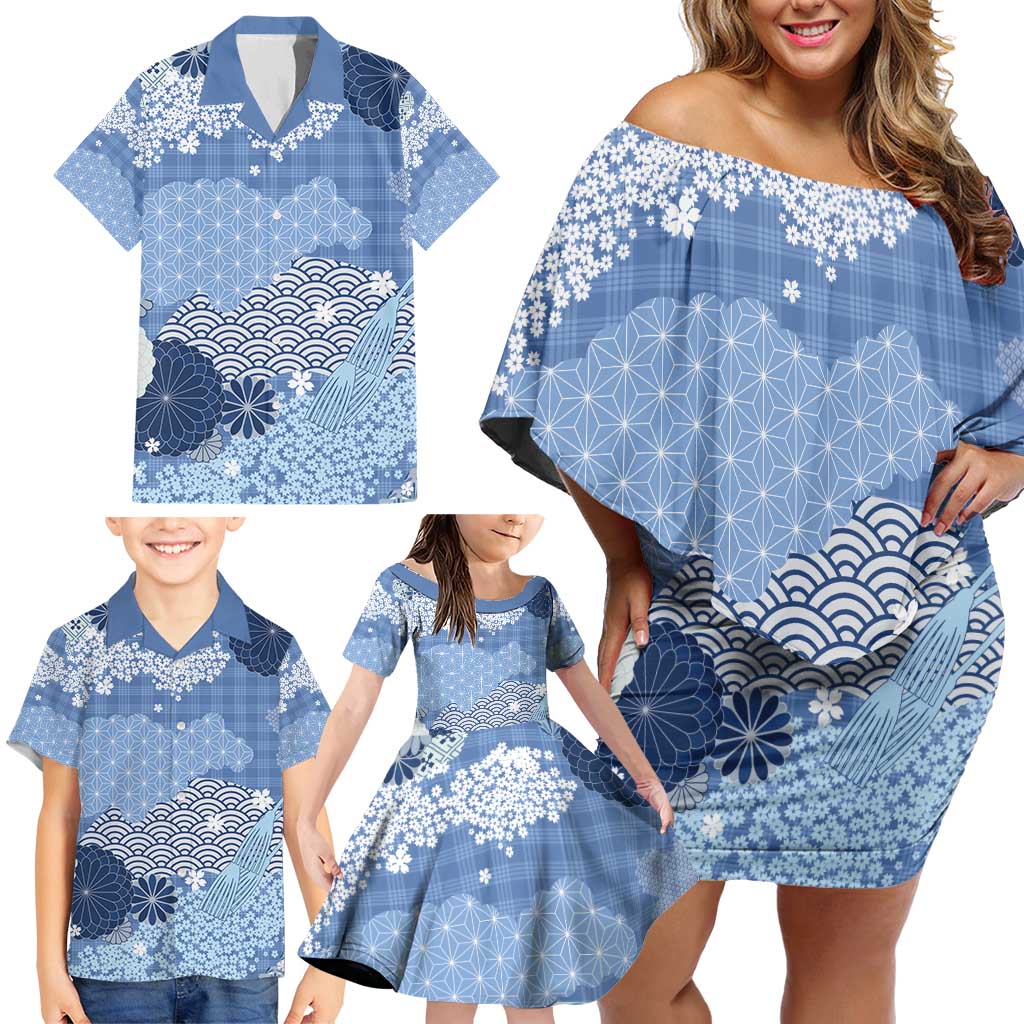 Blue Palaka Japanese Patterns Family Matching Off Shoulder Short Dress and Hawaiian Shirt Asanoha Seigaiha Sakura Motif - Polynesian Pride