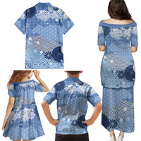 Blue Palaka Japanese Patterns Family Matching Puletasi and Hawaiian Shirt Asanoha Seigaiha Sakura Motif - Polynesian Pride