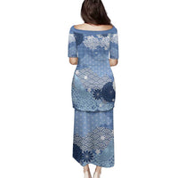 Blue Palaka Japanese Patterns Family Matching Puletasi and Hawaiian Shirt Asanoha Seigaiha Sakura Motif - Polynesian Pride