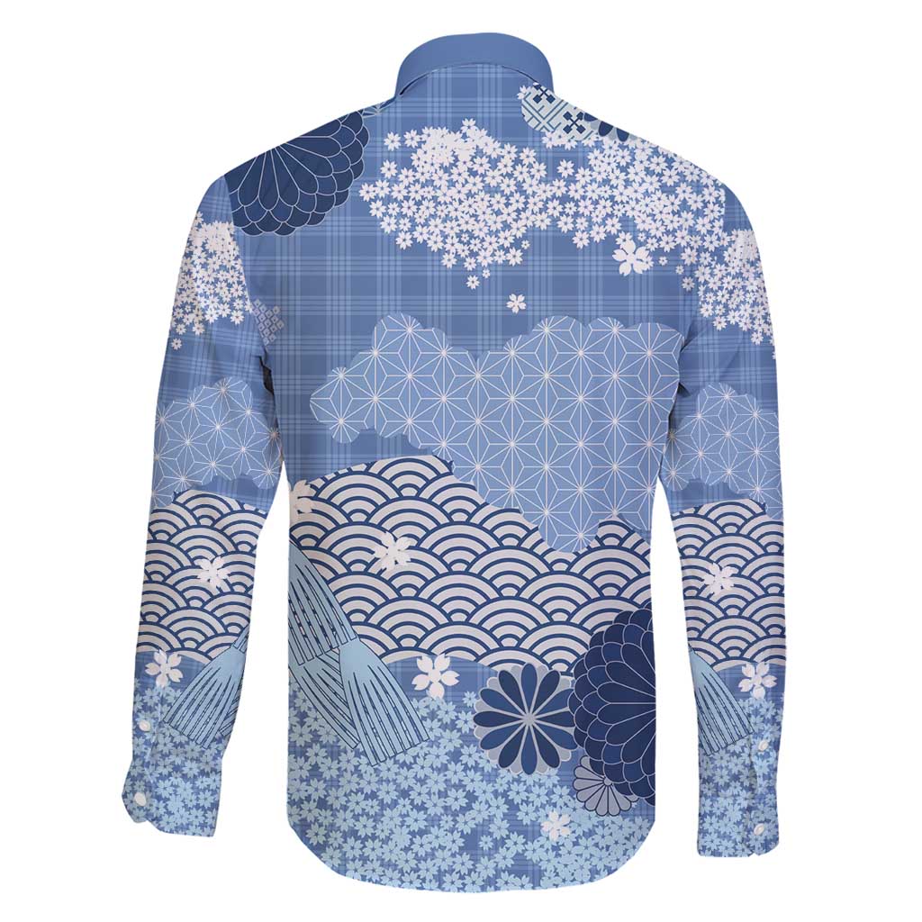 Blue Palaka Japanese Patterns Family Matching Short Sleeve Bodycon Dress and Hawaiian Shirt Asanoha Seigaiha Sakura Motif - Polynesian Pride