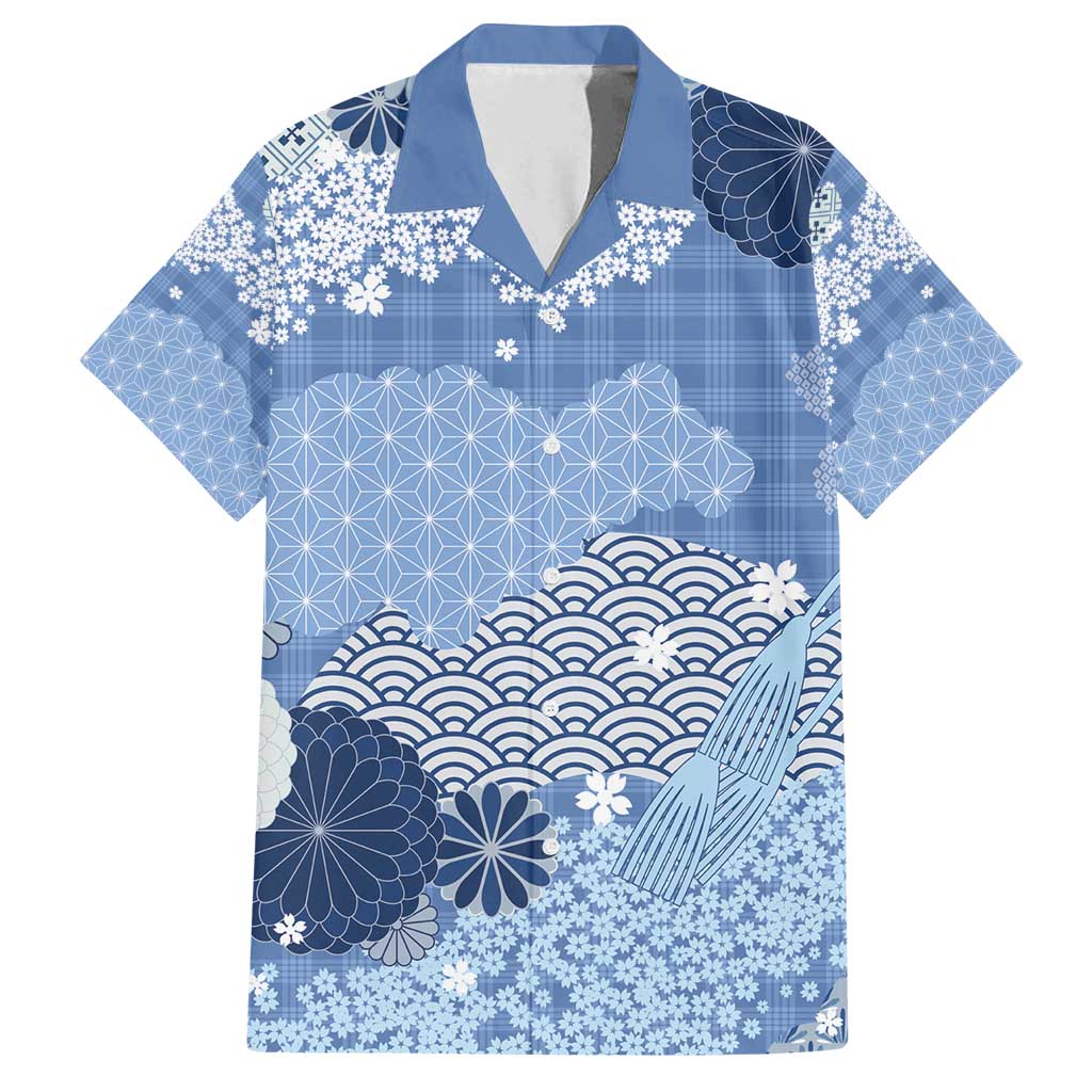 Blue Palaka Japanese Patterns Family Matching Summer Maxi Dress and Hawaiian Shirt Asanoha Seigaiha Sakura Motif - Polynesian Pride