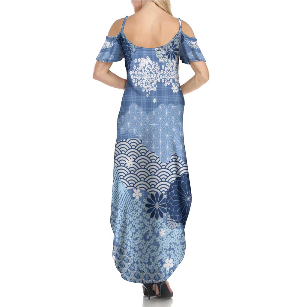 Blue Palaka Japanese Patterns Family Matching Summer Maxi Dress and Hawaiian Shirt Asanoha Seigaiha Sakura Motif - Polynesian Pride