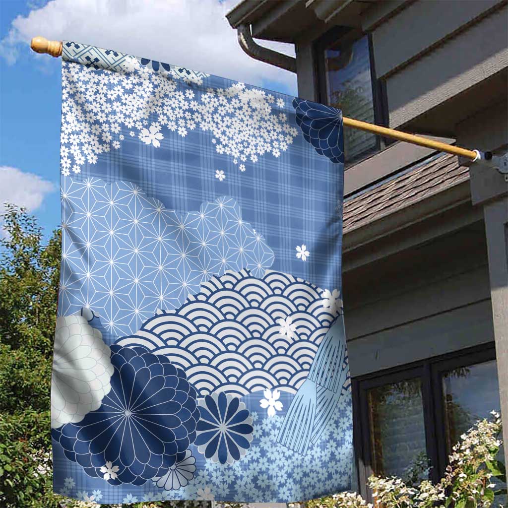 Blue Palaka Japanese Patterns Garden Flag Asanoha Seigaiha Sakura Motif - Polynesian Pride