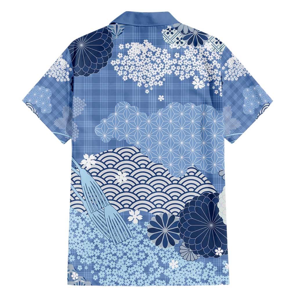 Blue Palaka Japanese Patterns Hawaiian Shirt Asanoha Seigaiha Sakura Motif - Polynesian Pride