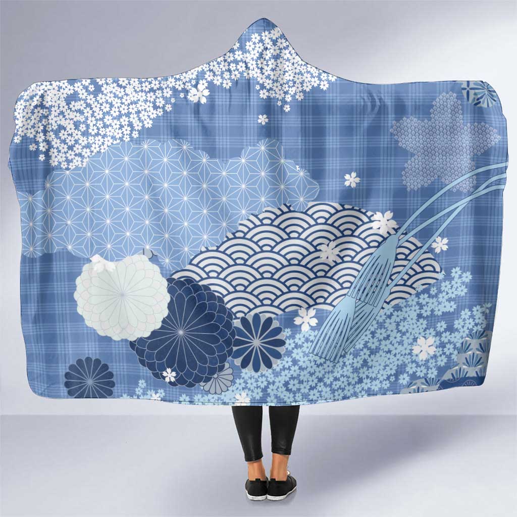 Blue Palaka Japanese Patterns Hooded Blanket Asanoha Seigaiha Sakura Motif LT14 One Size Blue - Polynesian Pride