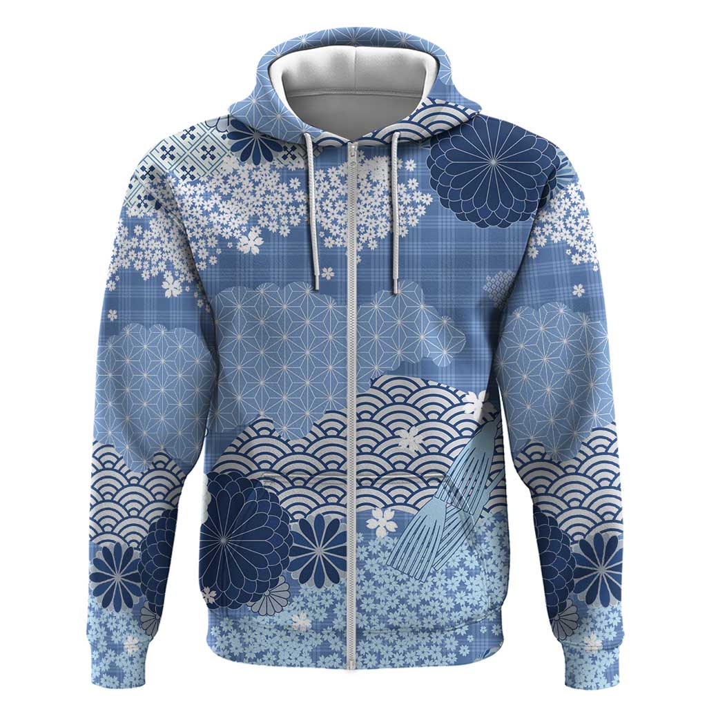 Blue Palaka Japanese Patterns Hoodie Asanoha Seigaiha Sakura Motif - Polynesian Pride