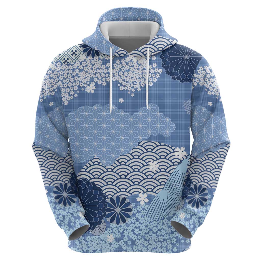 Blue Palaka Japanese Patterns Hoodie Asanoha Seigaiha Sakura Motif - Polynesian Pride