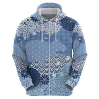 Blue Palaka Japanese Patterns Hoodie Asanoha Seigaiha Sakura Motif - Polynesian Pride