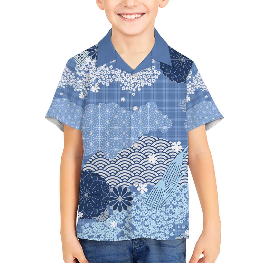 Blue Palaka Japanese Patterns Kid Hawaiian Shirt Asanoha Seigaiha Sakura Motif LT14 Kid Blue - Polynesian Pride