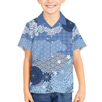 Blue Palaka Japanese Patterns Kid Hawaiian Shirt Asanoha Seigaiha Sakura Motif LT14 Kid Blue - Polynesian Pride