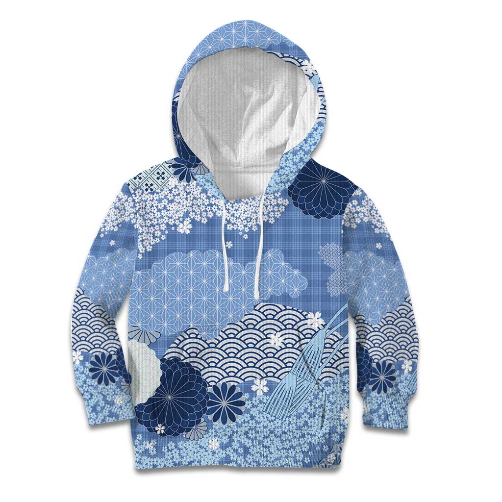 Blue Palaka Japanese Patterns Kid Hoodie Asanoha Seigaiha Sakura Motif - Polynesian Pride