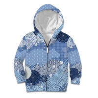 Blue Palaka Japanese Patterns Kid Hoodie Asanoha Seigaiha Sakura Motif - Polynesian Pride
