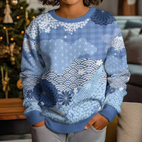 Blue Palaka Japanese Patterns Kid Ugly Christmas Sweater Asanoha Seigaiha Sakura Motif - Polynesian Pride