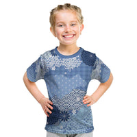 Blue Palaka Japanese Patterns Kid T Shirt Asanoha Seigaiha Sakura Motif LT14 Blue - Polynesian Pride