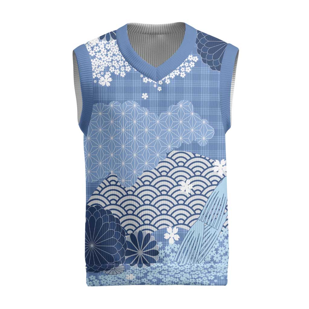 Blue Palaka Japanese Patterns Christmas Knitted V-Neck Vest Asanoha Seigaiha Sakura Motif - Polynesian Pride